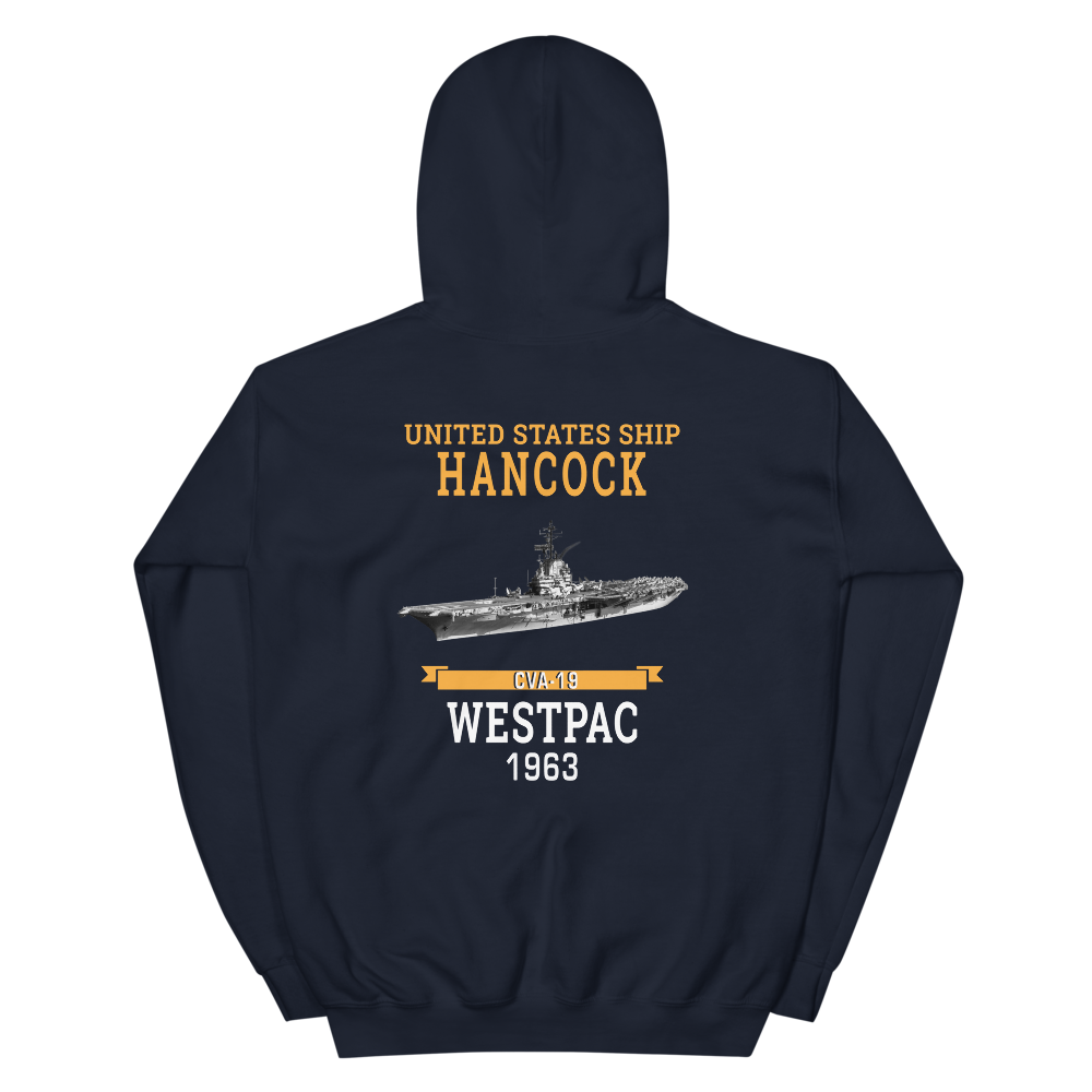 USS Hancock (CVA-19) 1963 WESTPAC Unisex Hoodie – back view, navy