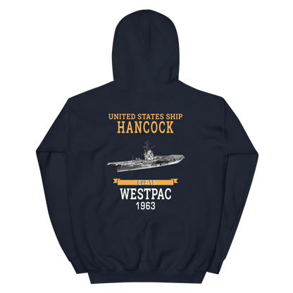 USS Hancock (CVA-19) 1963 WESTPAC Unisex Hoodie – back view, navy