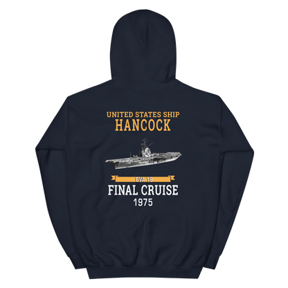 USS Hancock (CVA-19) 1975 FINAL CRUISE Unisex Hoodie – back view, navy