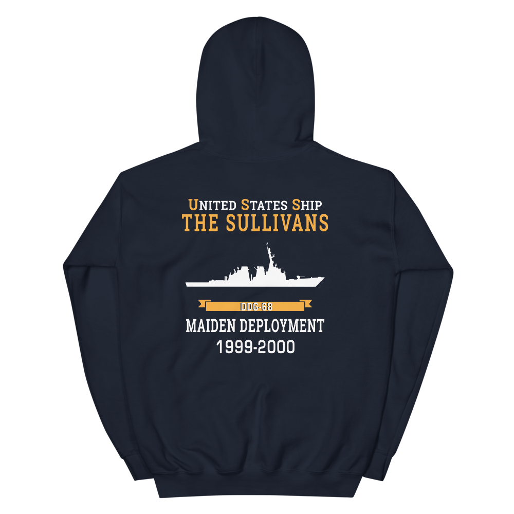 USS The Sullivans (DDG-68) 1999-2000 MAIDEN DEPLOYMENT Unisex Hoodie – back view, navy