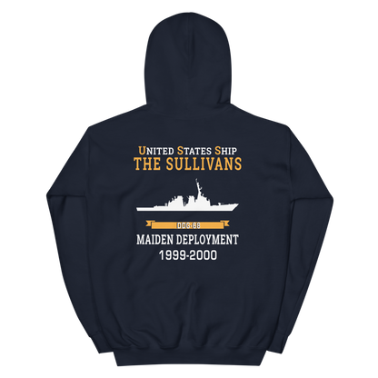 USS The Sullivans (DDG-68) 1999-2000 MAIDEN DEPLOYMENT Unisex Hoodie – back view, navy