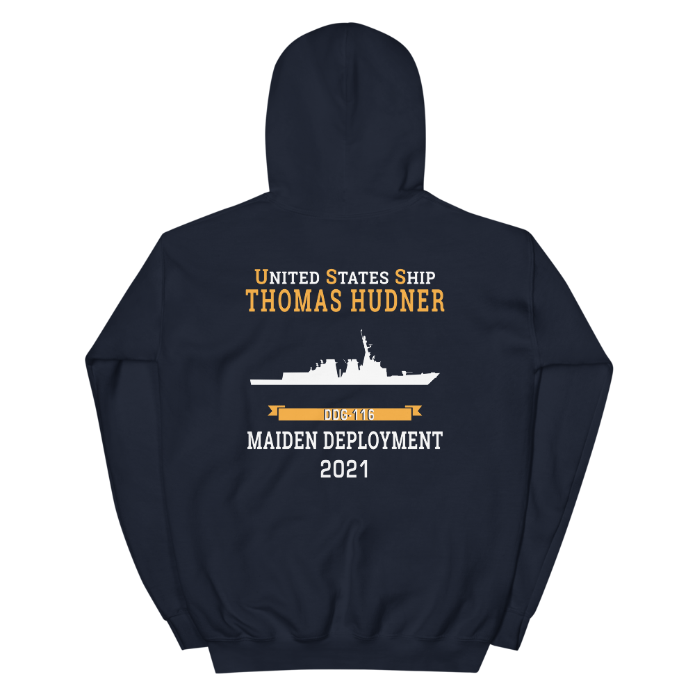 USS Thomas Hudner (DDG-116) 2021 MAIDEN DEPLOYMENT Unisex Hoodie – back view, navy