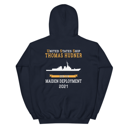 USS Thomas Hudner (DDG-116) 2021 MAIDEN DEPLOYMENT Unisex Hoodie – back view, navy