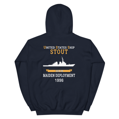 USS Stout (DDG-55) 1996 MAIDEN DEPLOYMENT Unisex Hoodie – back view, navy