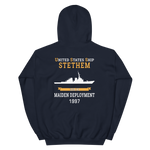 USS Stethem (DDG-63) 1997 MAIDEN DEPLOYMENT Unisex Hoodie – back view, navy