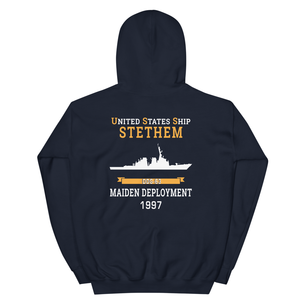 USS Stethem (DDG-63) 1997 MAIDEN DEPLOYMENT Unisex Hoodie – back view, navy