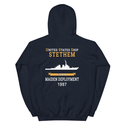 USS Stethem (DDG-63) 1997 MAIDEN DEPLOYMENT Unisex Hoodie – back view, navy
