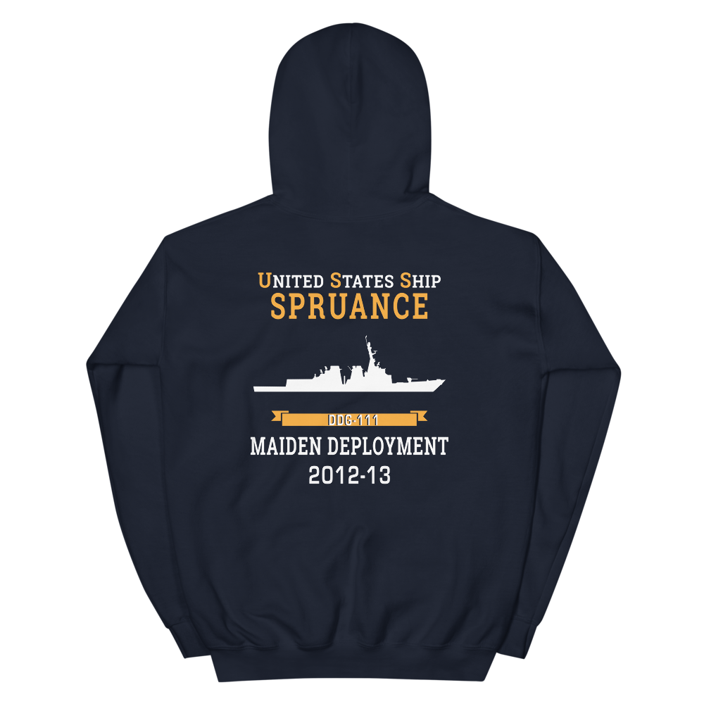 USS Spruance (DDG-111) 2012-13 MAIDEN DEPLOYMENT Unisex Hoodie – back view, navy