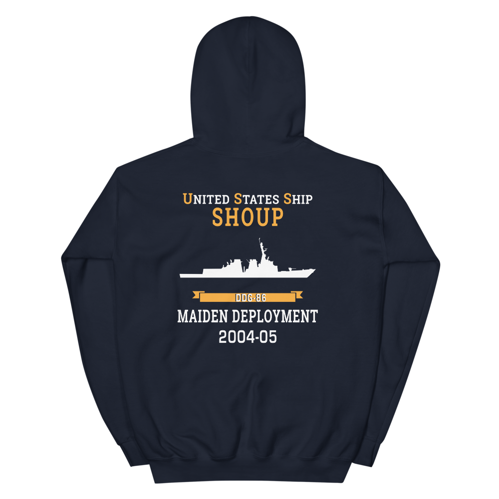 USS Shoup (DDG-86) 2004-05 MAIDEN DEPLOYMENT Unisex Hoodie – back view, navy