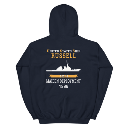 USS Russell (DDG-59) 1996 MAIDEN DEPLOYMENT Unisex Hoodie – back view, navy