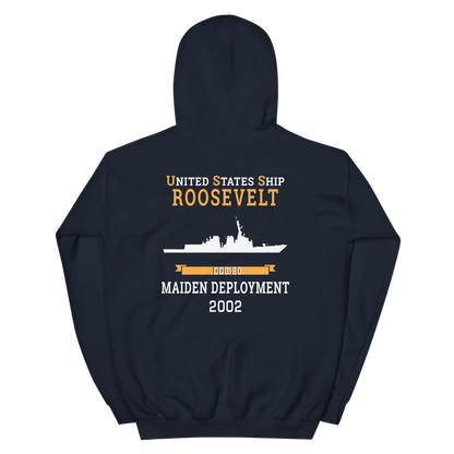 USS Roosevelt (DDG-80) 2002 MAIDEN DEPLOYMENT Unisex Hoodie – back view, navy
