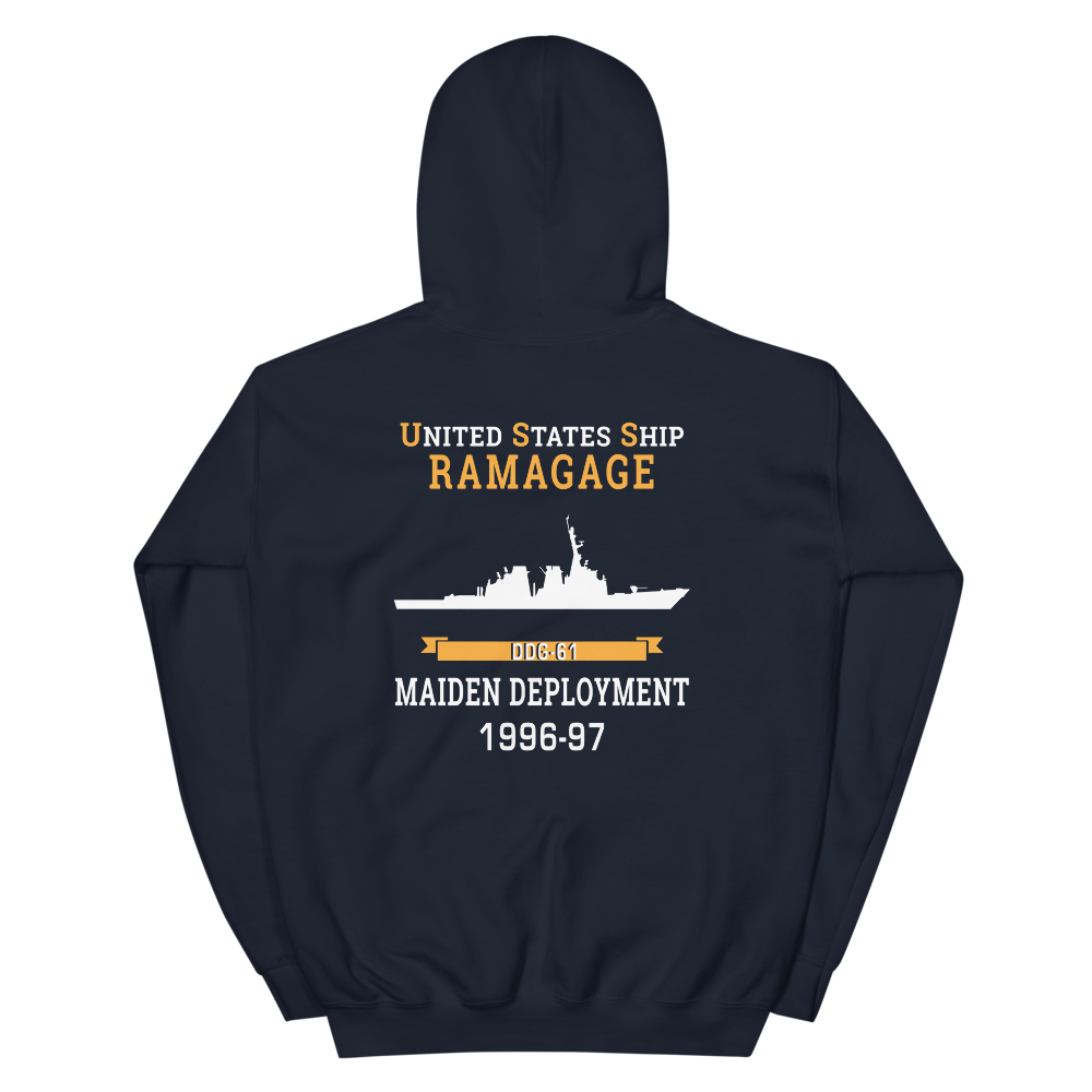 USS Ramage (DDG-61) 1996-97 MAIDEN DEPLOYMENT Unisex Hoodie – back view, navy