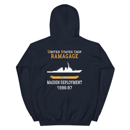 USS Ramage (DDG-61) 1996-97 MAIDEN DEPLOYMENT Unisex Hoodie – back view, navy