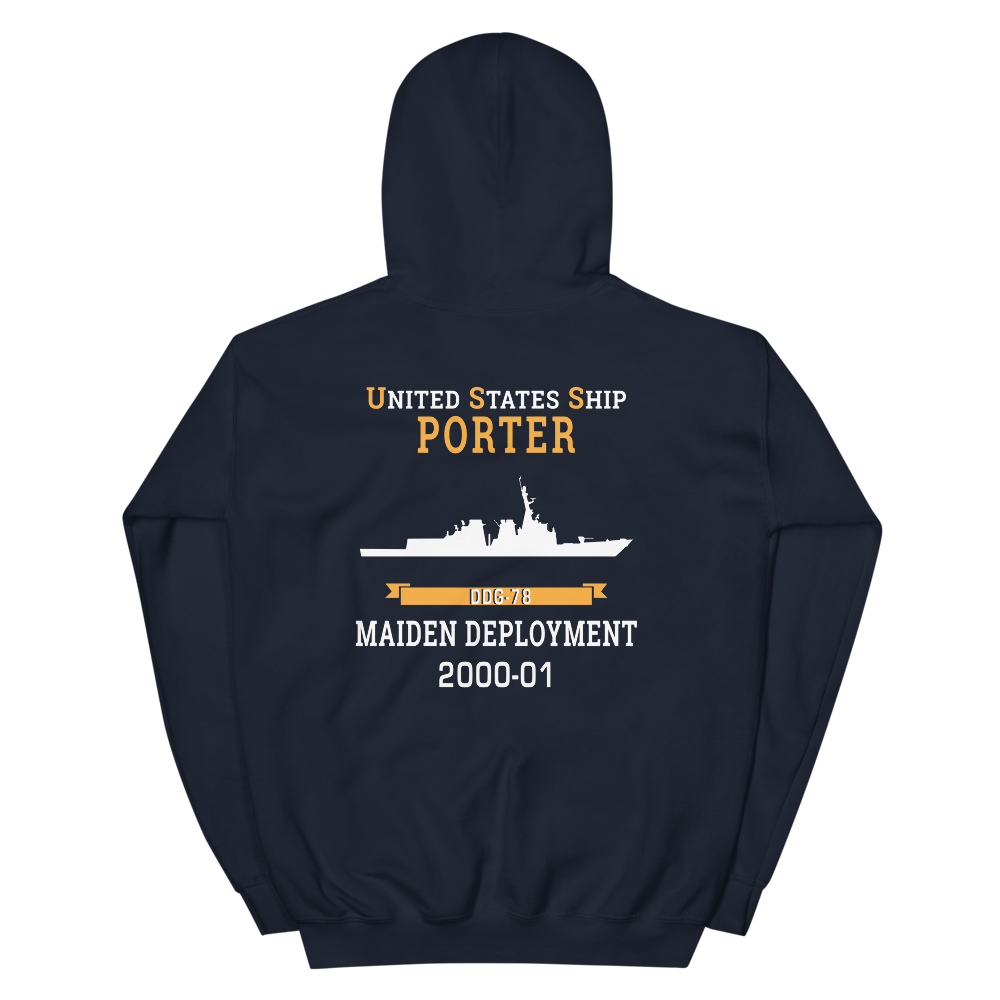 USS Porter (DDG-78) 2000-01 MAIDEN DEPLOYMENT Unisex Hoodie – back view, navy