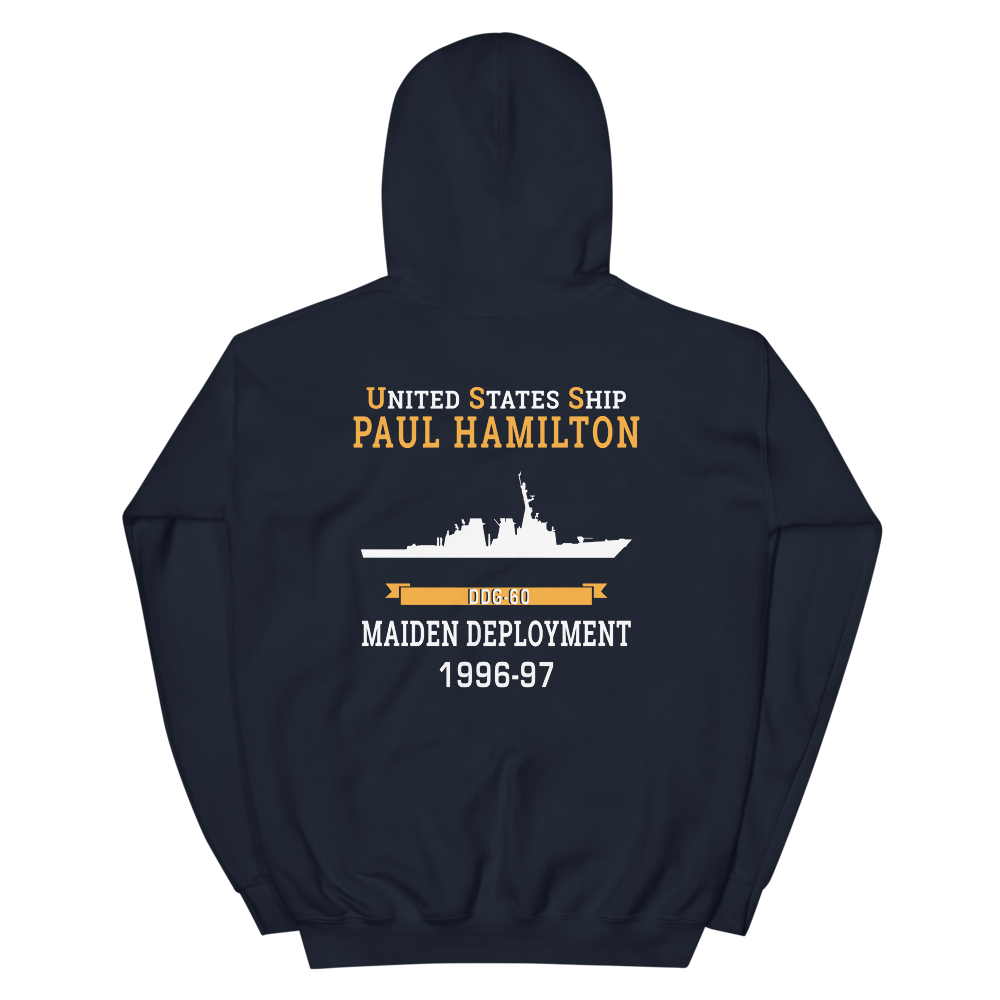 USS Paul Hamilton (DDG-60) 1996-97 MAIDEN DEPLOYMENT Unisex Hoodie – back view, navy