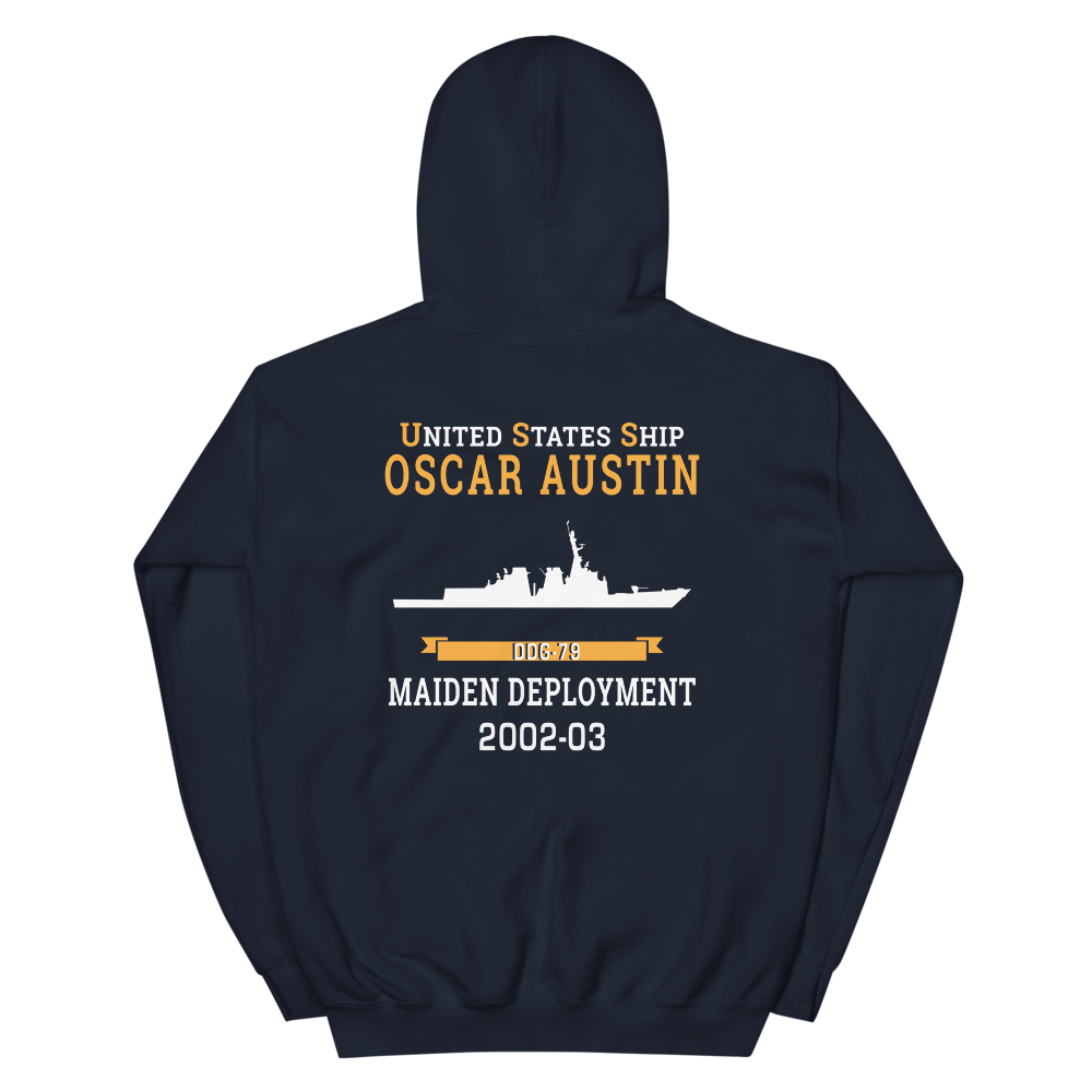 USS Oscar Austin (DDG-79) 2002-03 MAIDEN DEPLOYMENT Unisex Hoodie – back view, navy