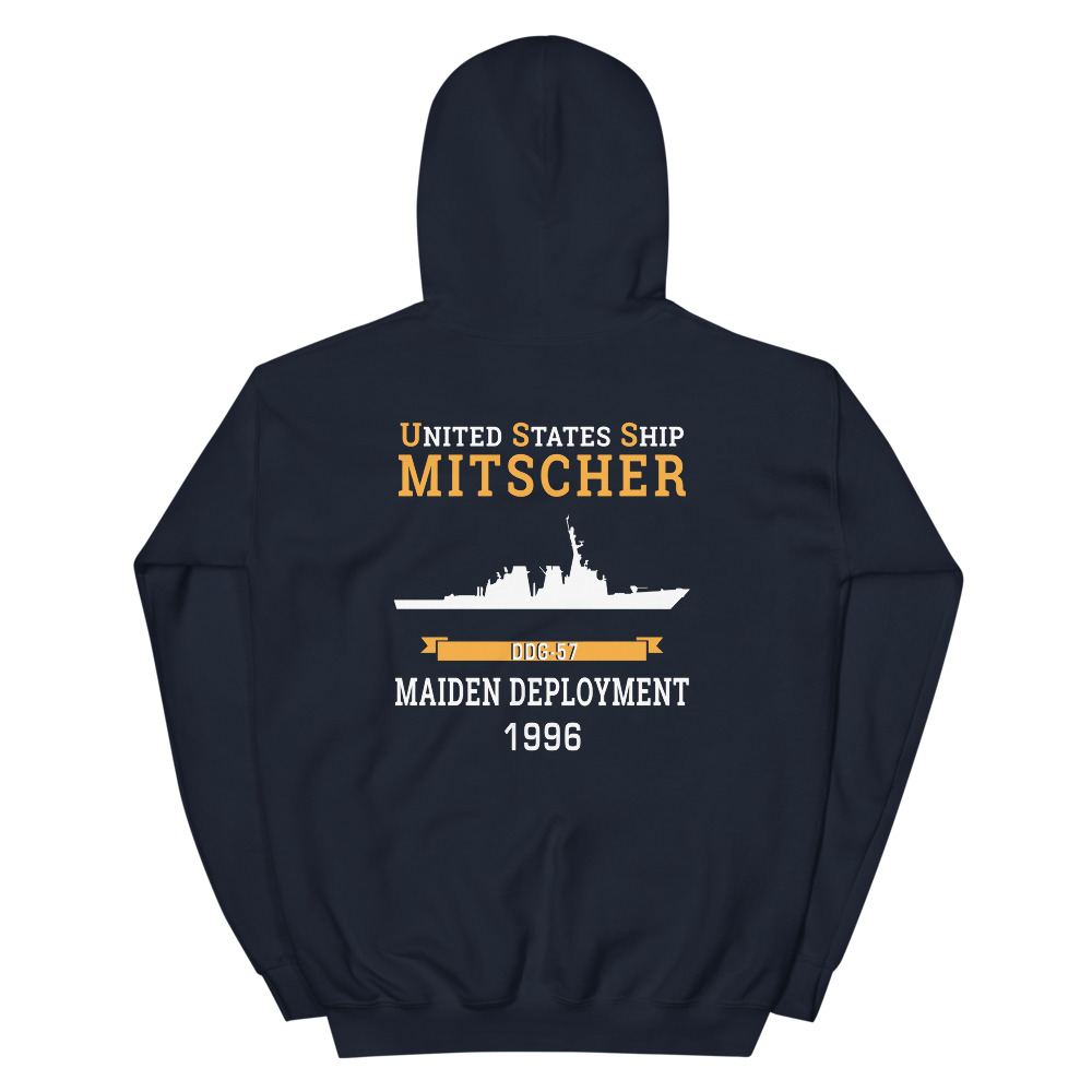 USS Mitscher (DDG-57) 1996 MAIDEN DEPLOYMENT Unisex Hoodie – back view, navy