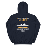 USS Milius (DDG-69) 1998 MAIDEN DEPLOYMENT Unisex Hoodie – back view, navy