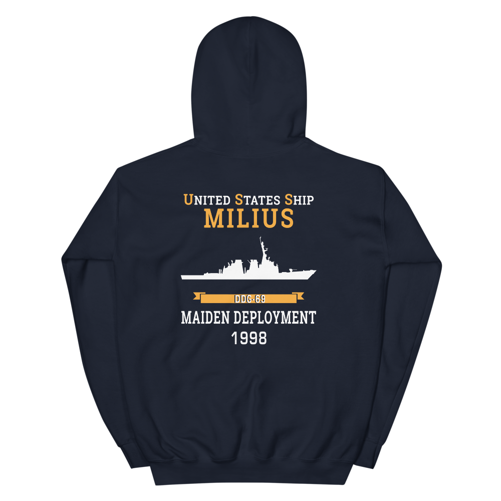 USS Milius (DDG-69) 1998 MAIDEN DEPLOYMENT Unisex Hoodie – back view, navy