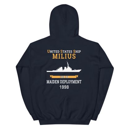 USS Milius (DDG-69) 1998 MAIDEN DEPLOYMENT Unisex Hoodie – back view, navy