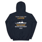 USS Lassen (DDG-82) 2003 MAIDEN DEPLOYMENT Unisex Hoodie – back view, navy
