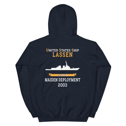 USS Lassen (DDG-82) 2003 MAIDEN DEPLOYMENT Unisex Hoodie – back view, navy