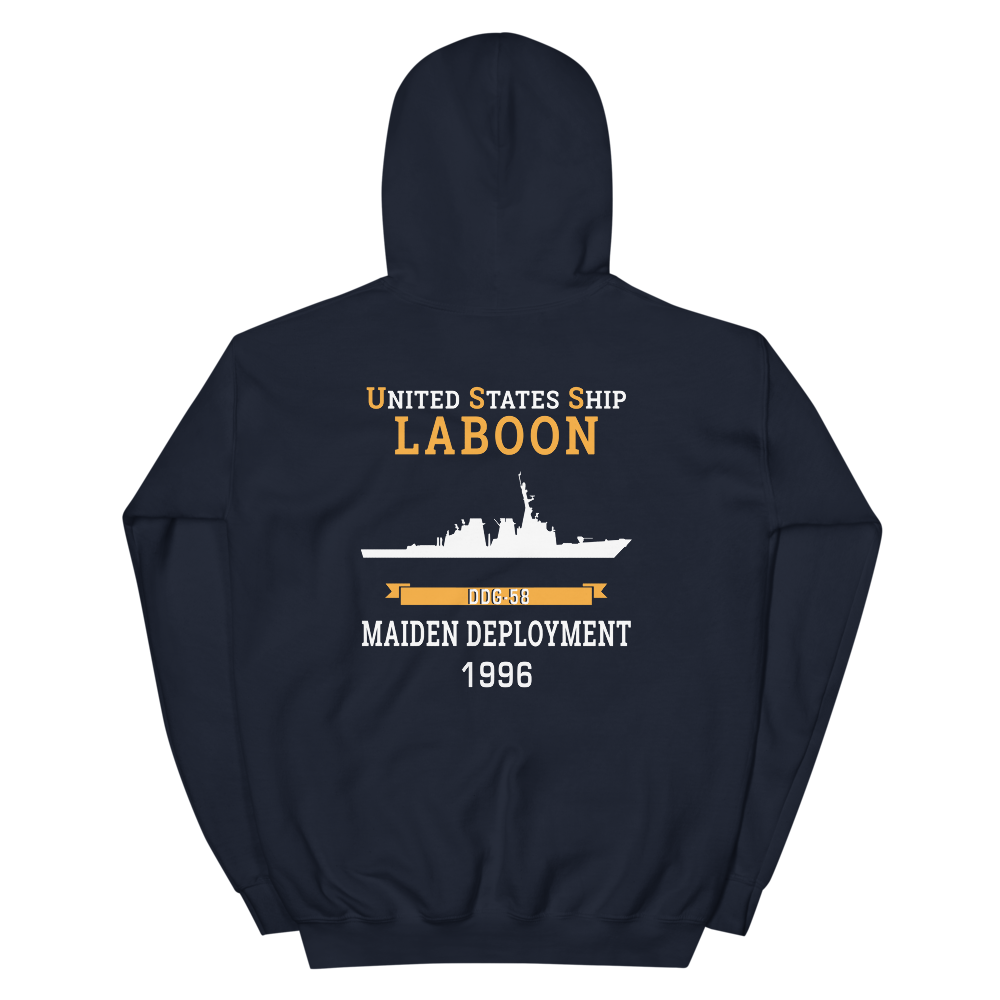 USS Laboon (DDG-58) 1996 MAIDEN DEPLOYMENT Unisex Hoodie – back view, navy