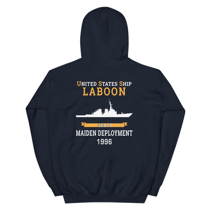 USS Laboon (DDG-58) 1996 MAIDEN DEPLOYMENT Unisex Hoodie – back view, navy