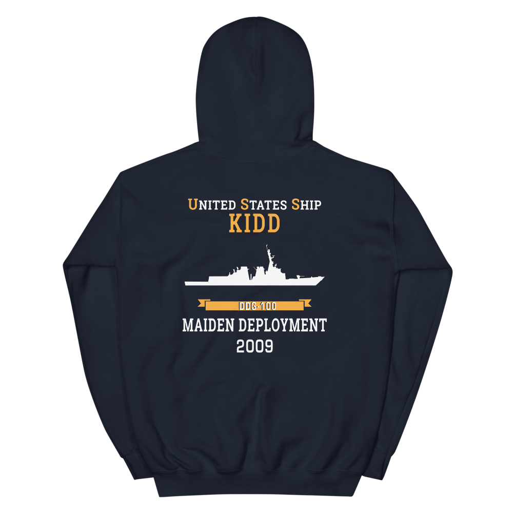 USS Kidd (DDG-100) 2009 MAIDEN DEPLOYMENT Unisex Hoodie – back view, navy