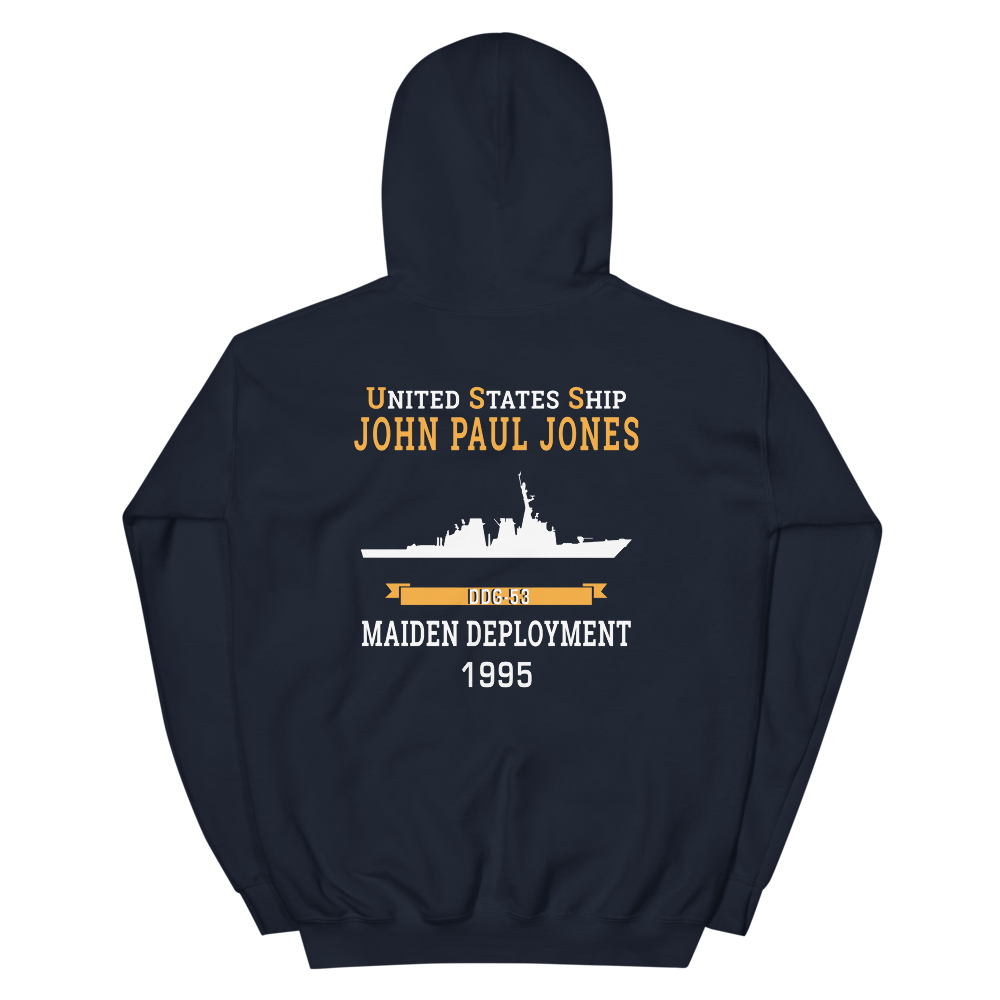 USS John Paul Jones (DDG-53) 1995 MAIDEN DEPLOYMENT Unisex Hoodie – back view, navy