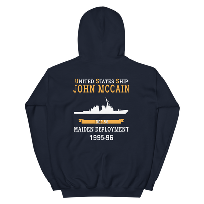 USS John S. McCain (DDG-56) 1995-96 MAIDEN DEPLOYMENT Unisex Hoodie – back view, navy