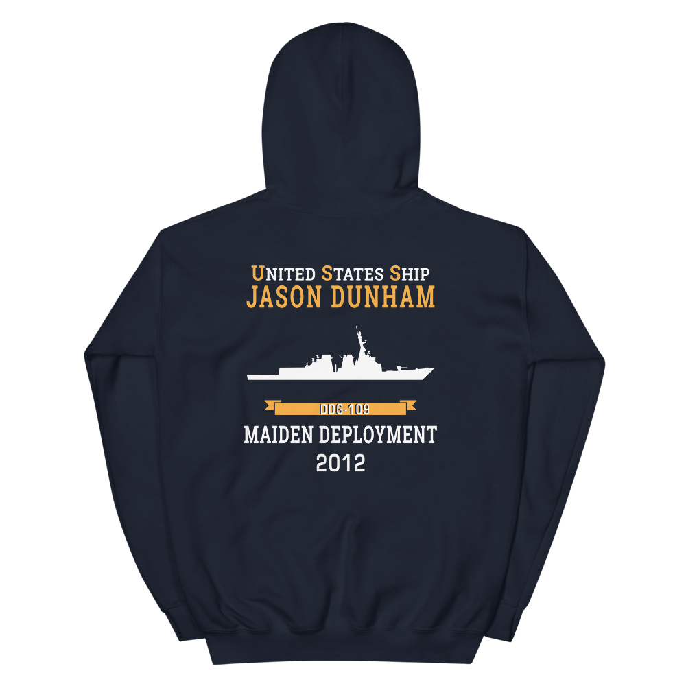 USS Jason Dunham (DDG-109) 2012 MAIDEN DEPLOYMENT Unisex Hoodie – back view, navy