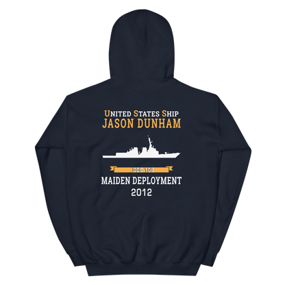 USS Jason Dunham (DDG-109) 2012 MAIDEN DEPLOYMENT Unisex Hoodie – back view, navy