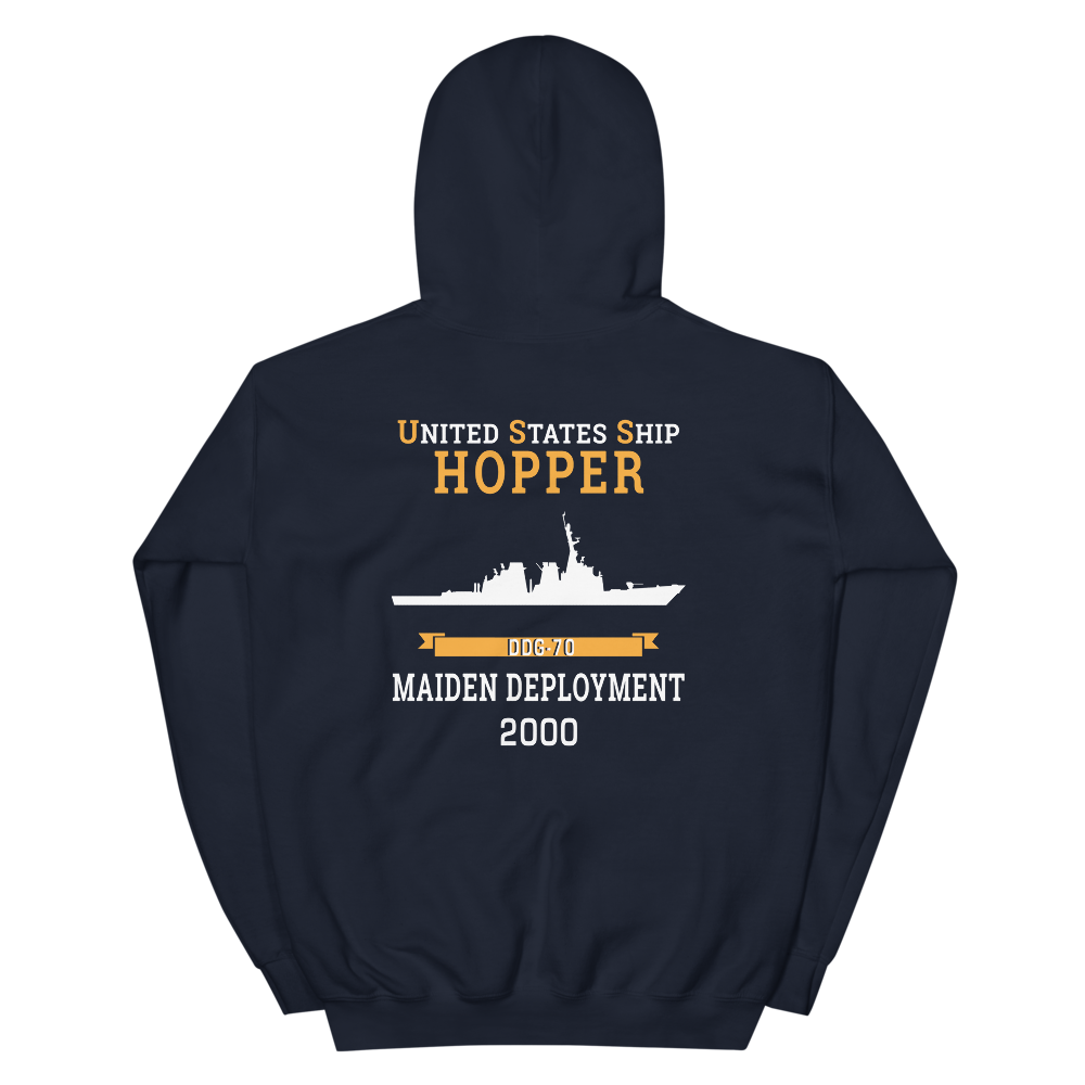 USS Hopper (DDG-70) 2000 MAIDEN DEPLOYMENT Unisex Hoodie – back view, navy