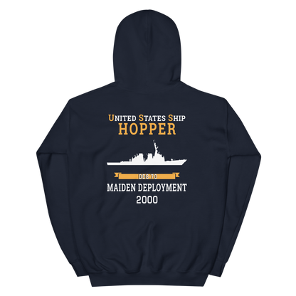 USS Hopper (DDG-70) 2000 MAIDEN DEPLOYMENT Unisex Hoodie – back view, navy