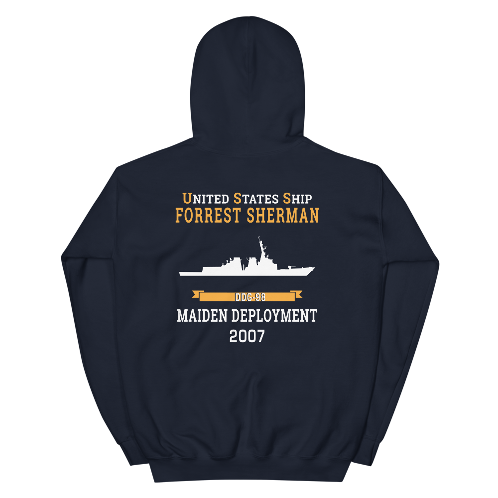 USS Forrest Sherman (DDG-98) 2007 MAIDEN DEPLOYMENT Unisex Hoodie – back view, navy