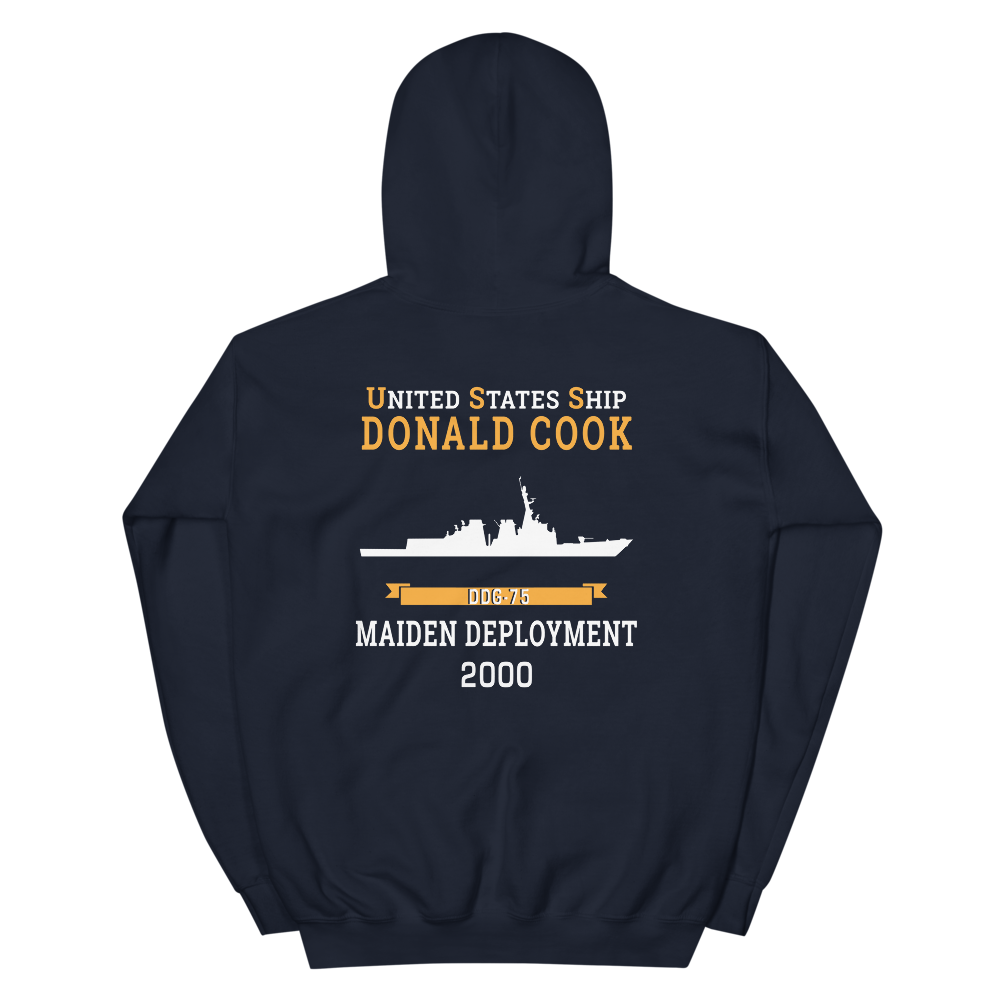 USS Donald Cook (DDG-75) 2000 MAIDEN DEPLOYMENT Unisex Hoodie – back view, navy
