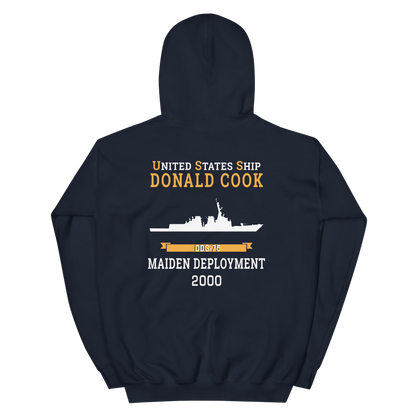 USS Donald Cook (DDG-75) 2000 MAIDEN DEPLOYMENT Unisex Hoodie – back view, navy