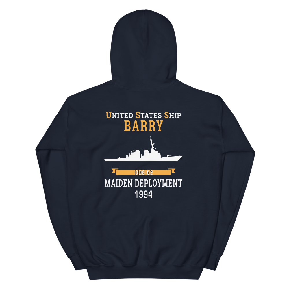 USS Barry (DDG-52) 1994 MAIDEN DEPLOYMENT Unisex Hoodie – back view, navy
