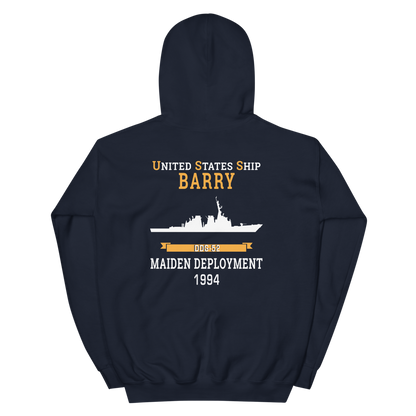 USS Barry (DDG-52) 1994 MAIDEN DEPLOYMENT Unisex Hoodie – back view, navy