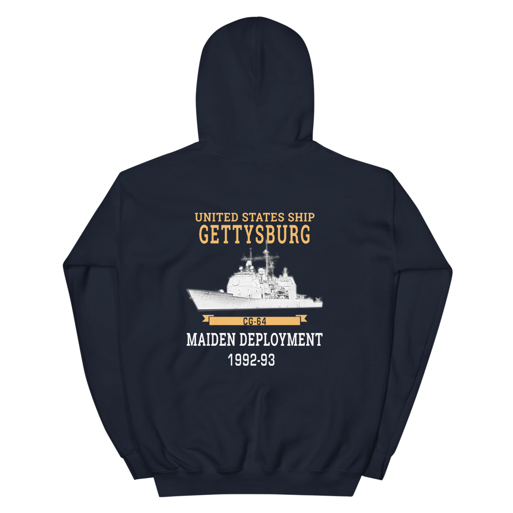 USS Gettysburg (CG-64) 1992-93 Maiden Deployment Hoodie – back view, navy