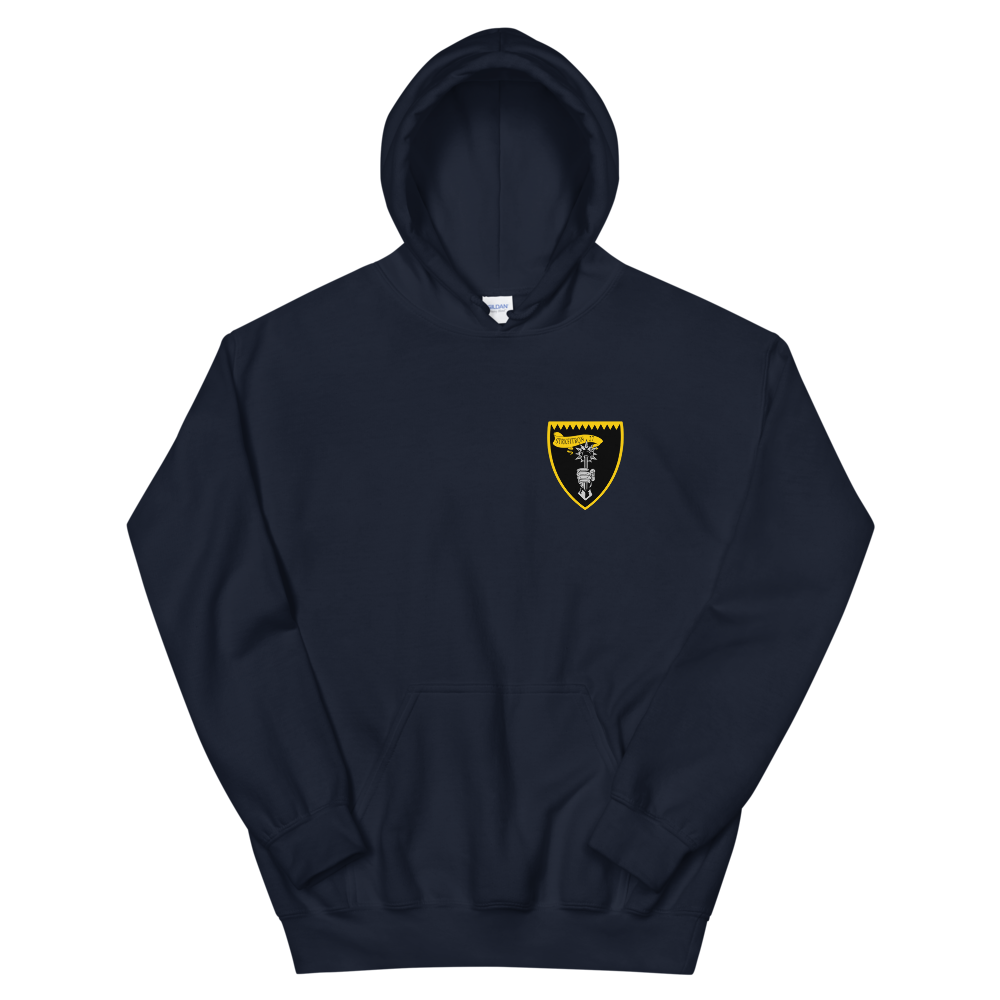 VFA-27 Royal Maces Squadron Crest Unisex Hoodie – front view, navy