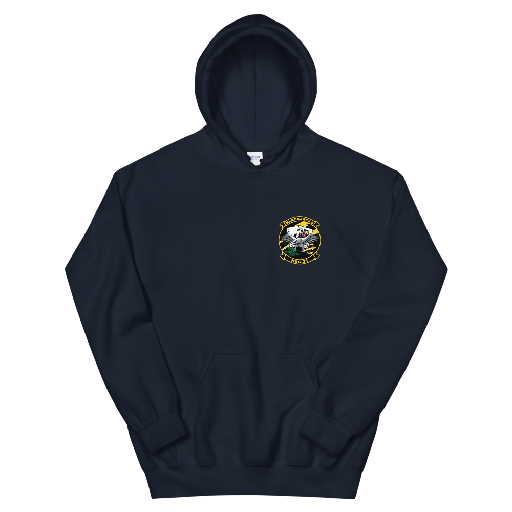 HSC-21 Blackjacks Squadron Crest Unisex Hoodie – front view, navy