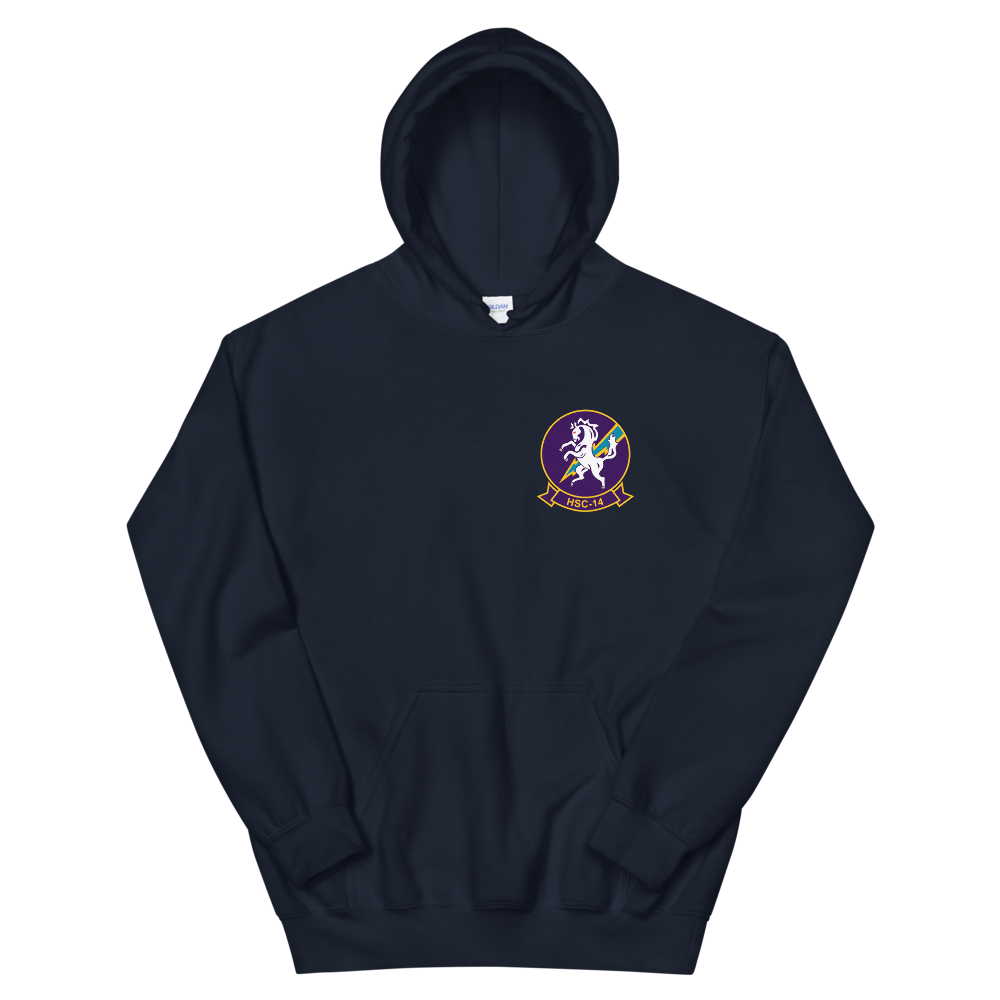 HSC-14 Chargers Squadron Crest Unisex Hoodie – front view, navy