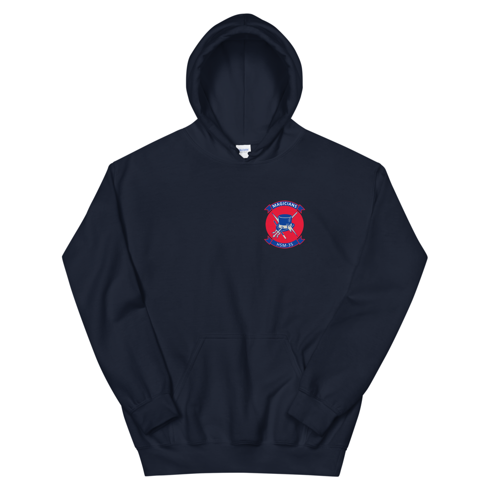 HSM-35 Magicians Squadron Crest Unisex Hoodie – front view, navy