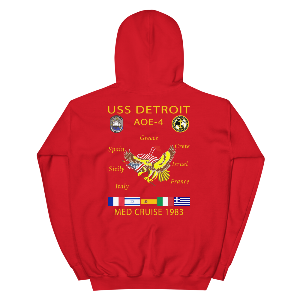 USS Detroit (AOE-4) 1983 Med Cruise Hoodie – back view, red