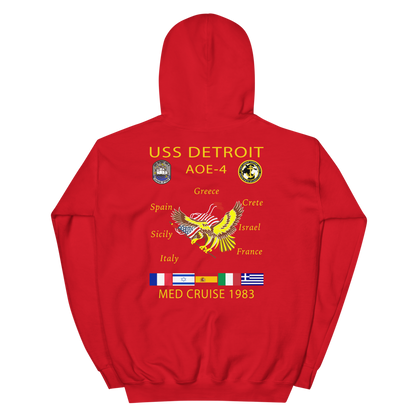 USS Detroit (AOE-4) 1983 Med Cruise Hoodie – back view, red