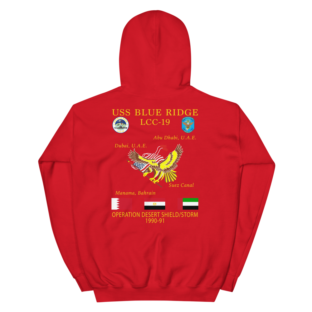 USS Blue Ridge (LCC-19) 1990-91 ODS/S Cruise Hoodie – back view, red
