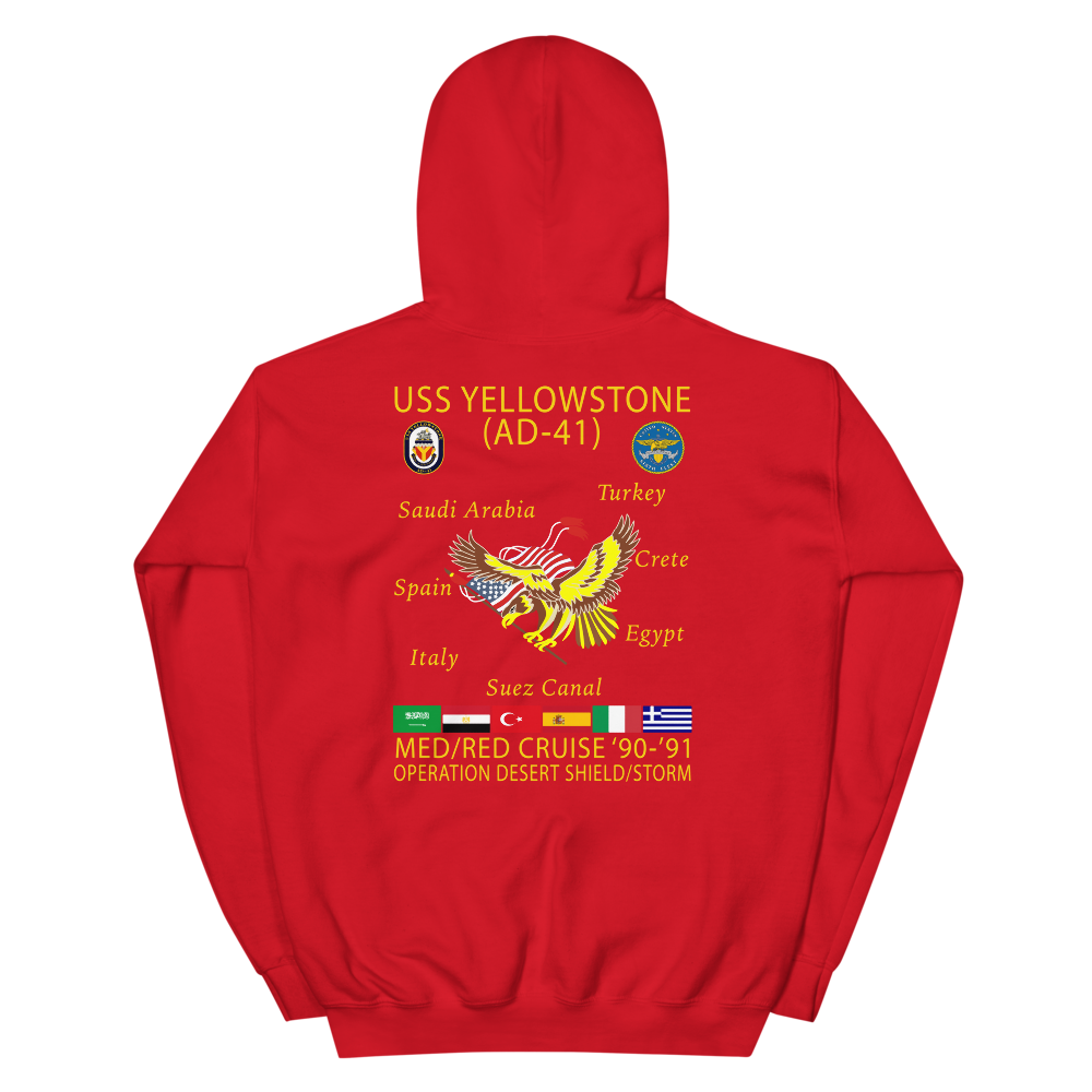 USS Yellowstone (AD-41) 1990-91 ODS/S Cruise Hoodie – back view, red