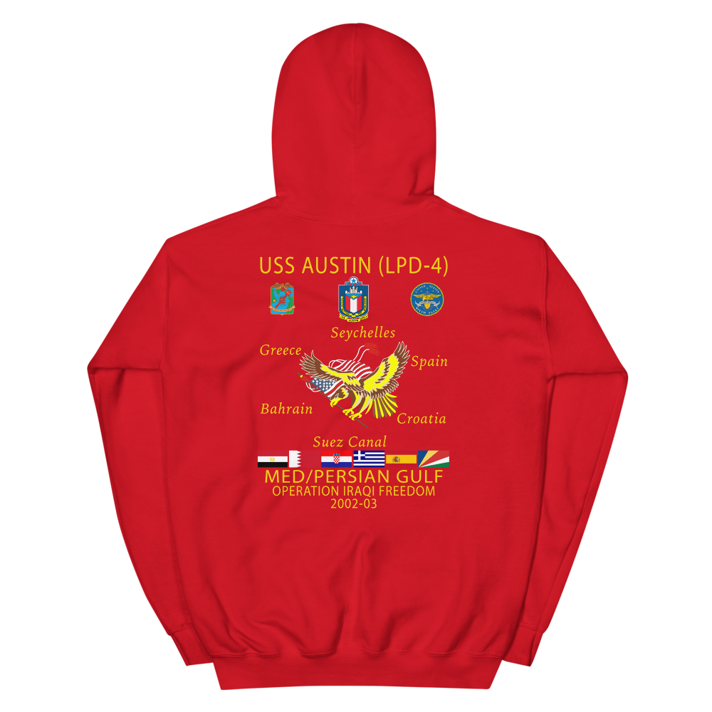 USS Austin (LPD-4) 2002-03 Cruise Hoodie – back view, red